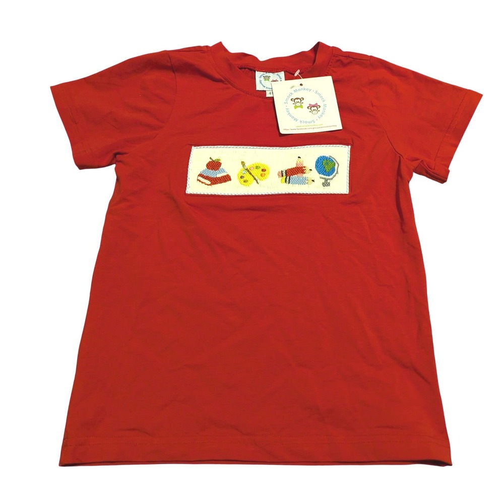 NEW Smock Monkey Red Back to School Education Smocked Short Sleeve Tee Shirt 4T